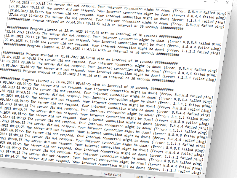 Mockup of windows notepad showing internet outage with a timestamp.